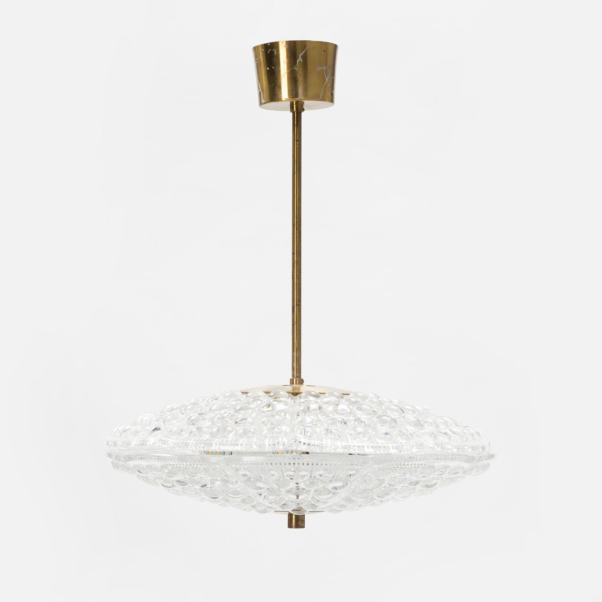 Carl Fagerlund, a glass and brass ceiling light, Orrefors, second half of the 20th Century.