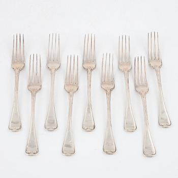 Nine Victorian silver forks, Chawner & Co (George William Adams), London, England, 1853.