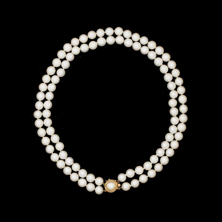 PÄRLCOLLIER, två-radigt, odlade pärlor, lås i 14 k guld.