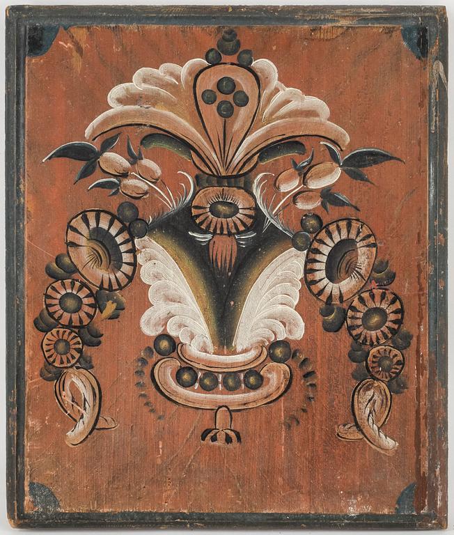 SKÅPSDEKOR, 2 st delar, allmoge, 1800-tal.