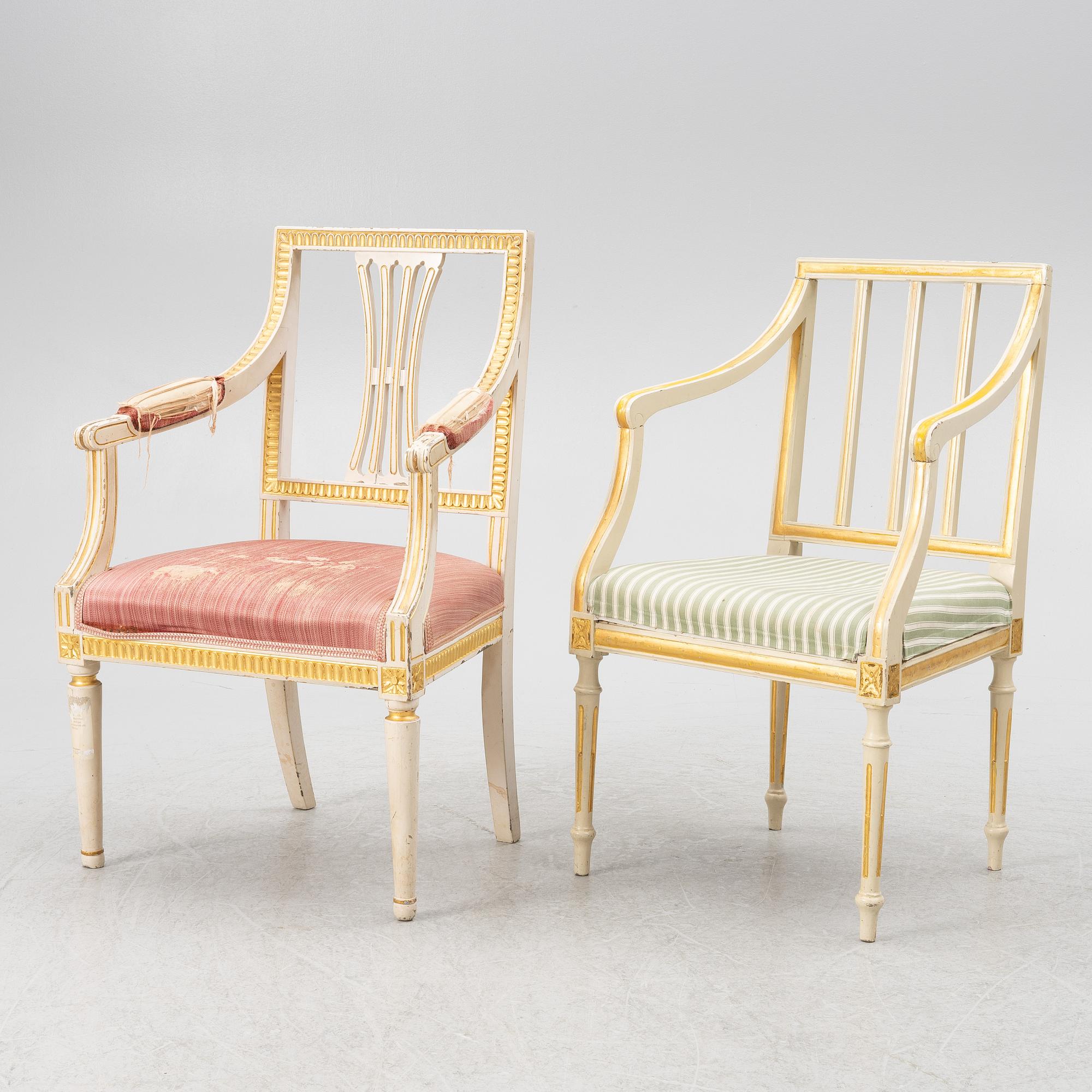 Karmstolar, 2+1 st, sengustavianska, omkring år 1800.