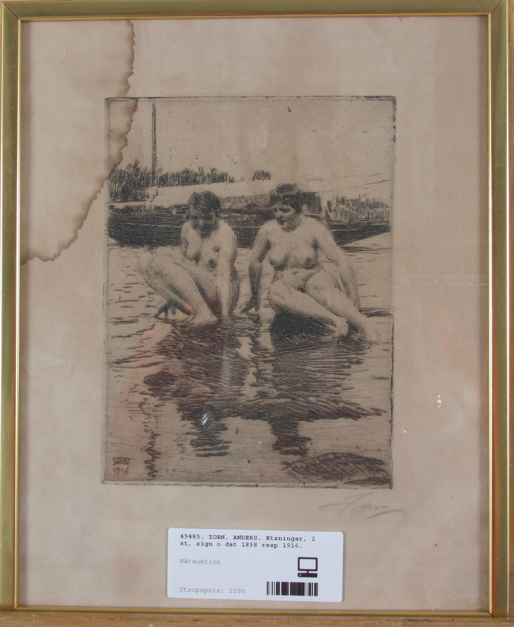 ZORN, ANDERS. Etsningar, 2 st, sign o dat 1898 resp 1916.