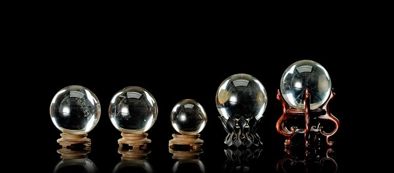 A set fo five fine rock crystal spheres, Qing dynasty.
