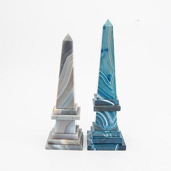 A pair of coloured agate obelisks 21st century.