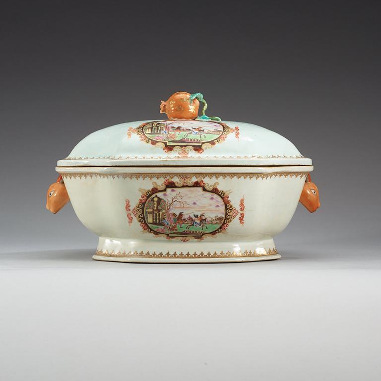 A famille rose 'European Subject' tureen with cover and stand, Qing dynasty, Qianlong (1736-95).