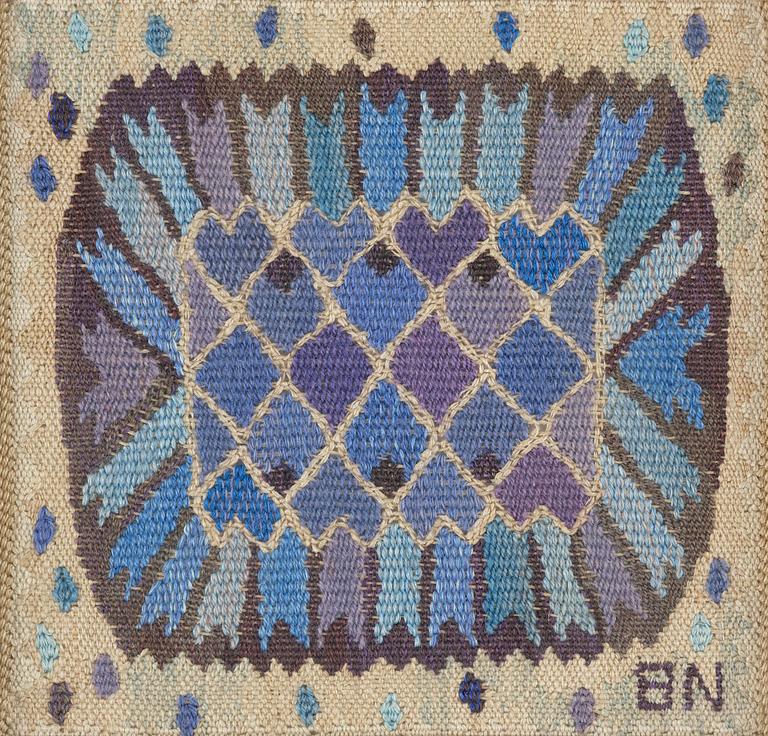 Barbro Nilsson, a 'Nejlikan, blå' textil, c. 20,5 x 22 cm, signed BN.