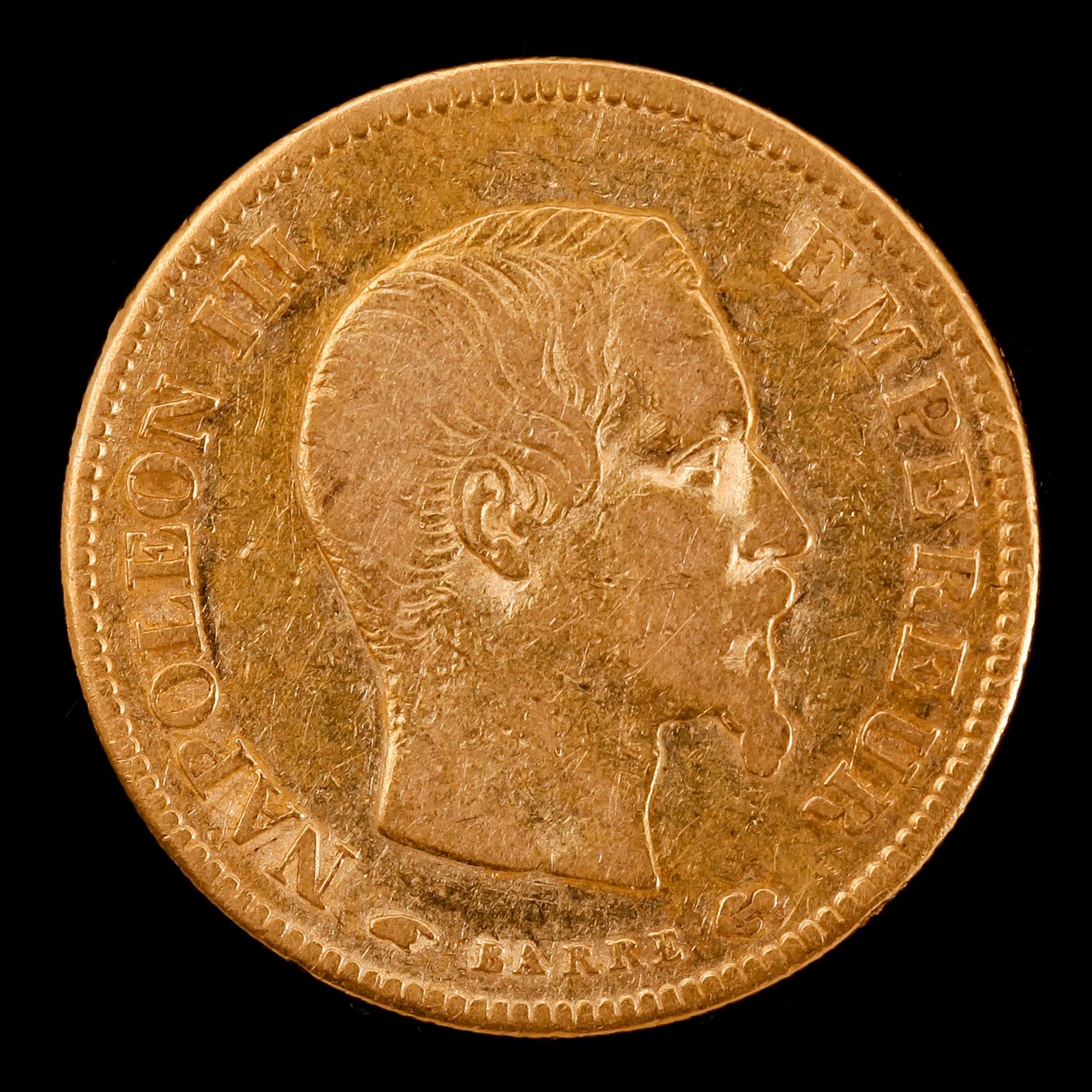 GULDMYNT, 10 fr, Napoleon III, Frankrike, 1857. Vikt ca 3 g.