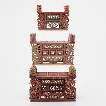 Tree red lacquer and gilded altar tables, Indonesia, Jakarta, 20th Century.