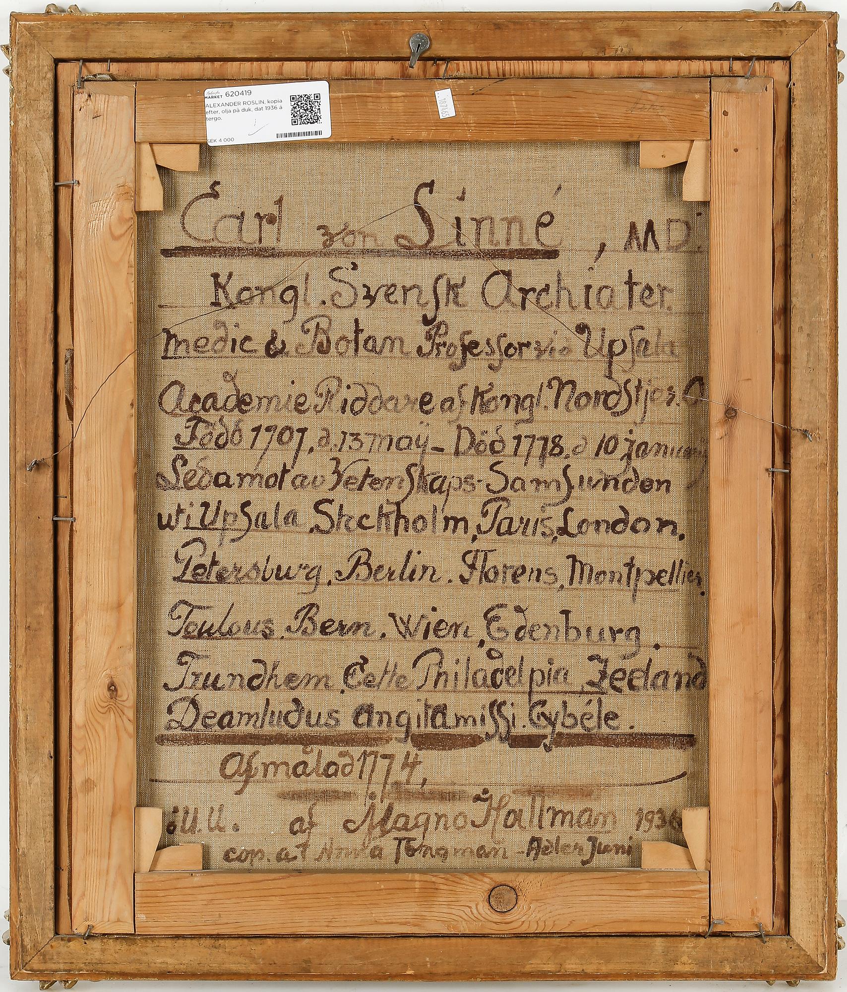 ALEXANDER ROSLIN, kopia efter, olja på duk, dat 1936 á tergo.