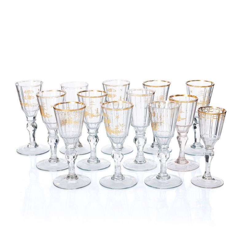 A group of 13 French/German wine glasses, late 18th Century.