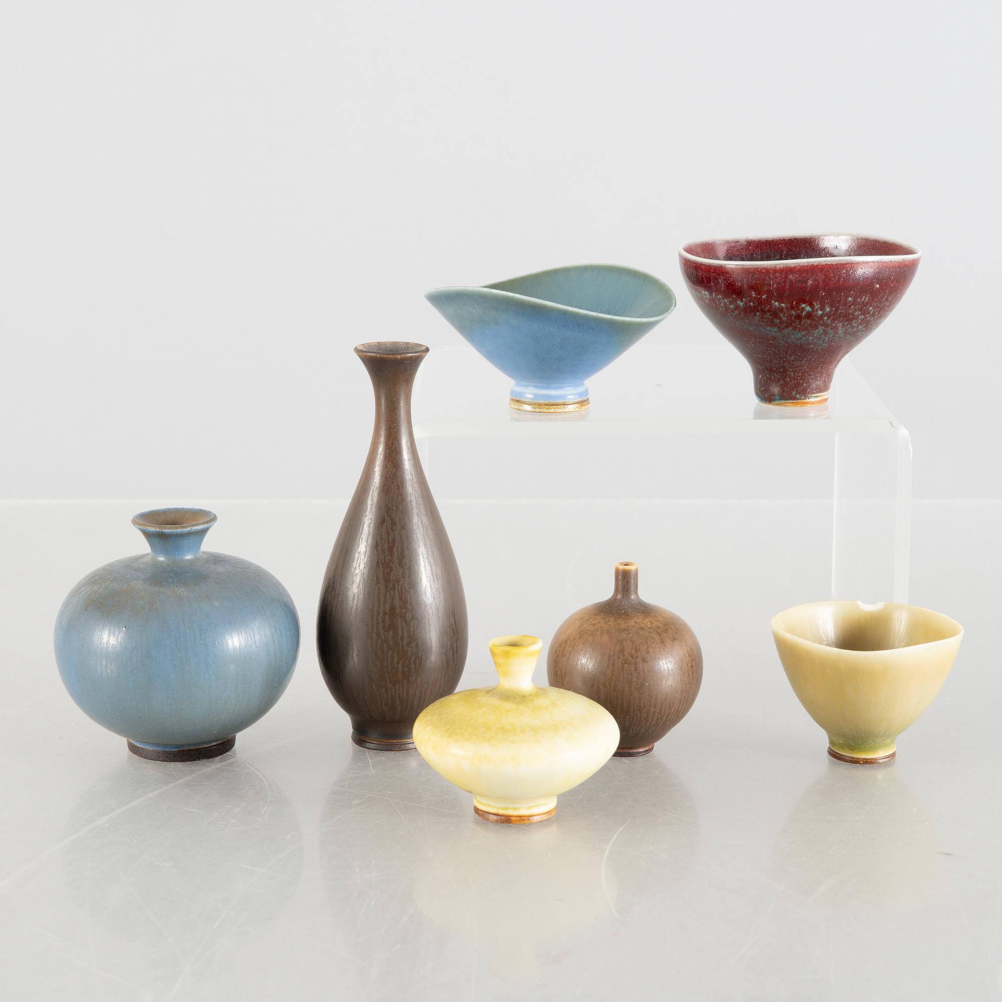 Berndt Friberg, a set of four stoneware miniature vases and three bowls, Gustavsberg Studio.