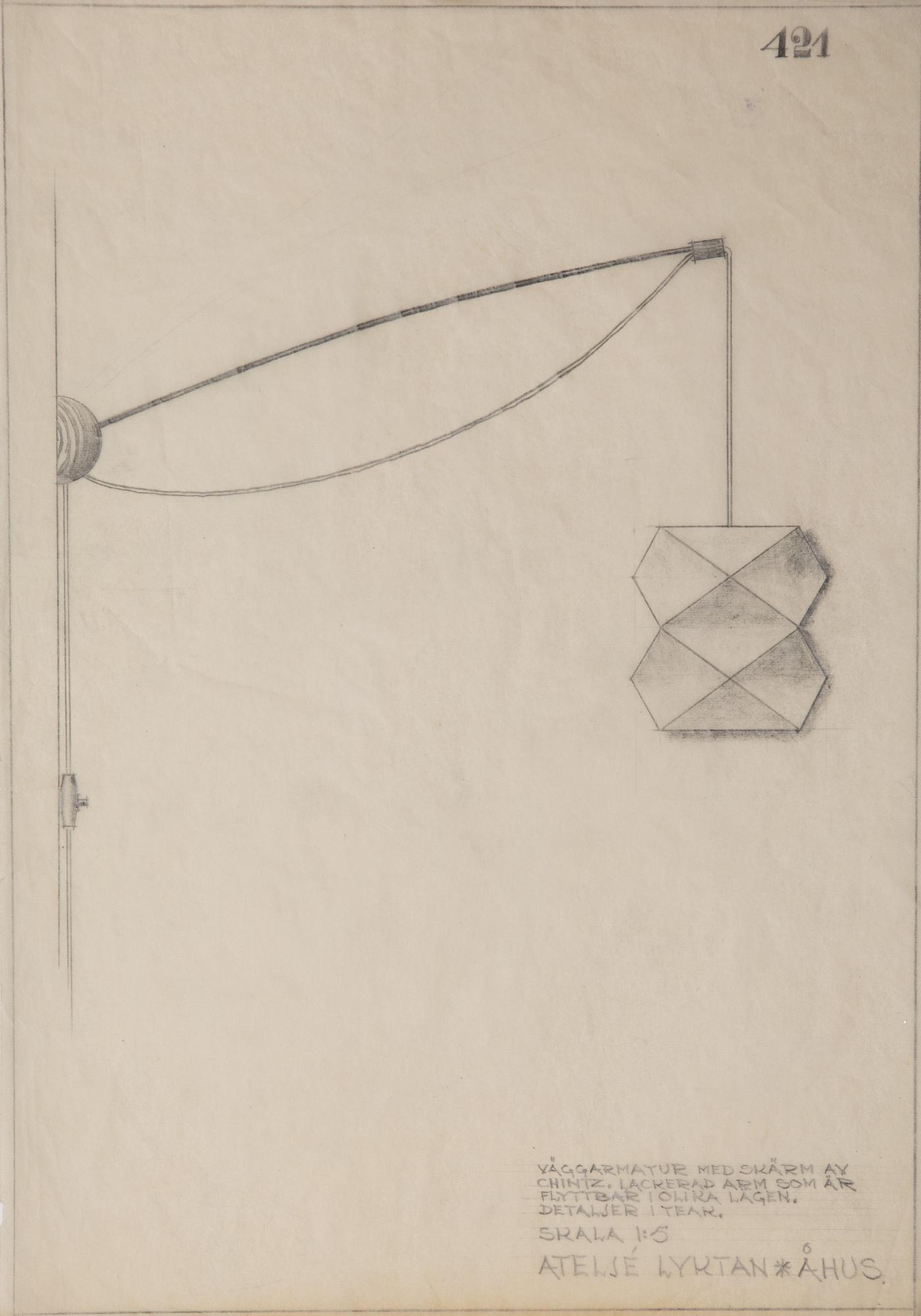 Hans Bergström, vägglampa, modell "421", ateljé Lyktan, Åhus 1940-50-tal.