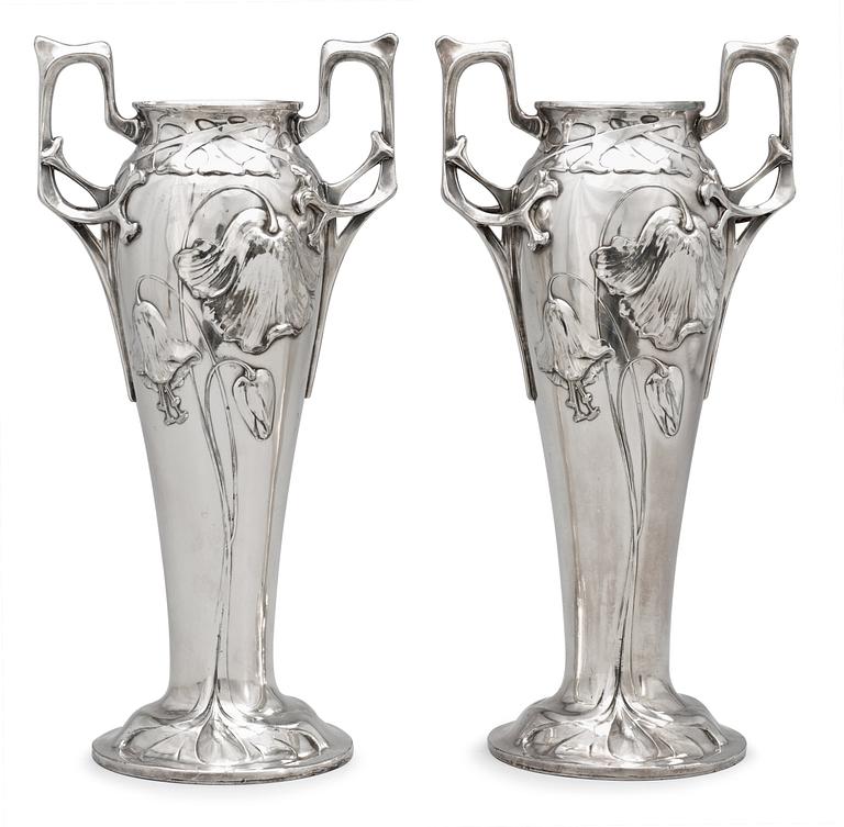 A pair of Art Nouveau silver plated pewter vases, by Bitter & Gobbers, Krefeld, Germany.