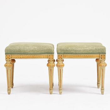 A pair of stools in the manner of Erik Öhrmark (master in Stockholm 1777–1813), Gustavian.