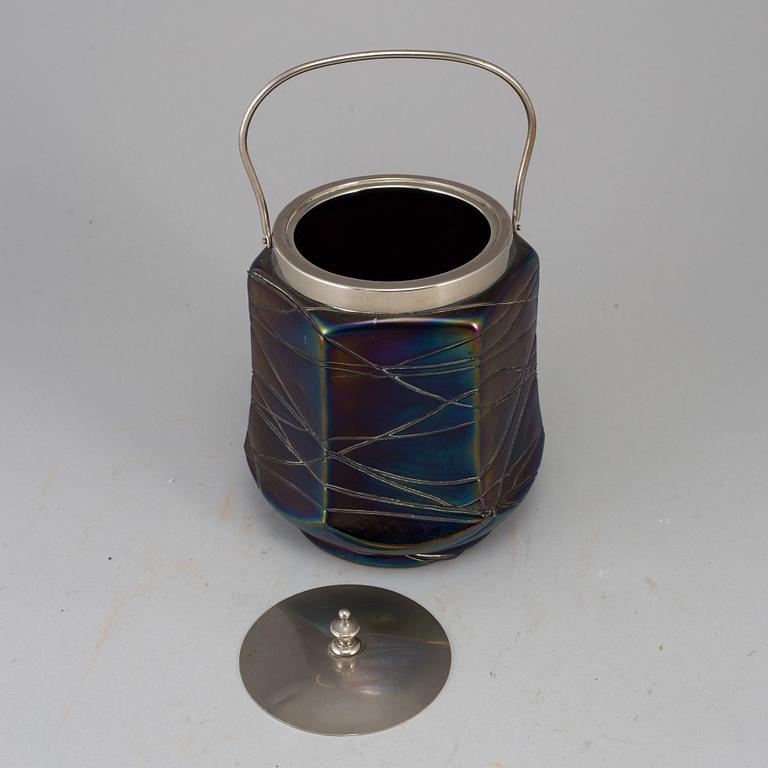 A glas biscuit tin, possibly Lötz, early 20th century.