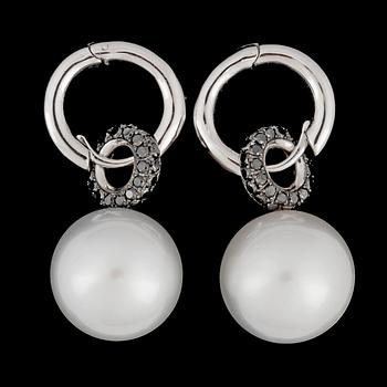 709. A pair of cultured South sea pearl and black brilliant cut diamond earrings, tot. 0.78 cts.