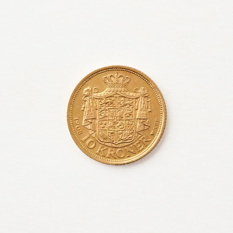 Gold coin, Frederik VIII, Denmark, 10 kroner, 1908.