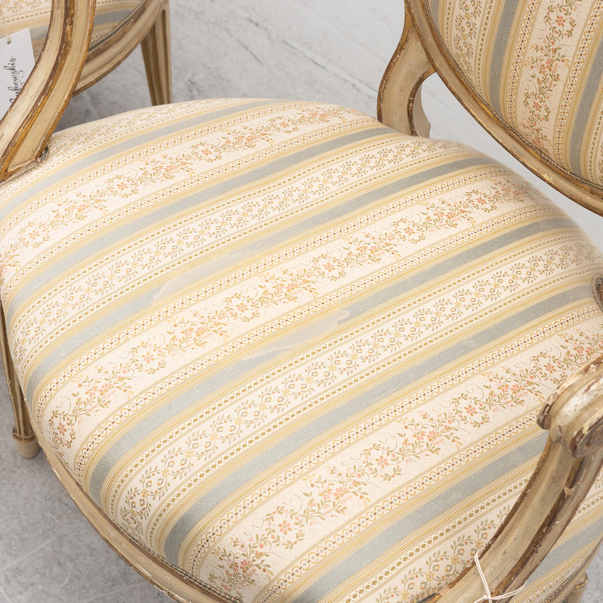 A set of three presumably Danish Louis XVI armchairs, late 18th century.