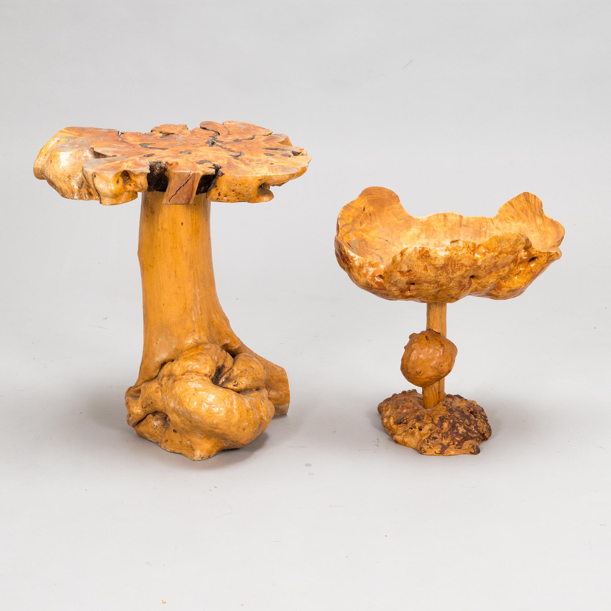 A mid-20th century burr wood table and bowl.