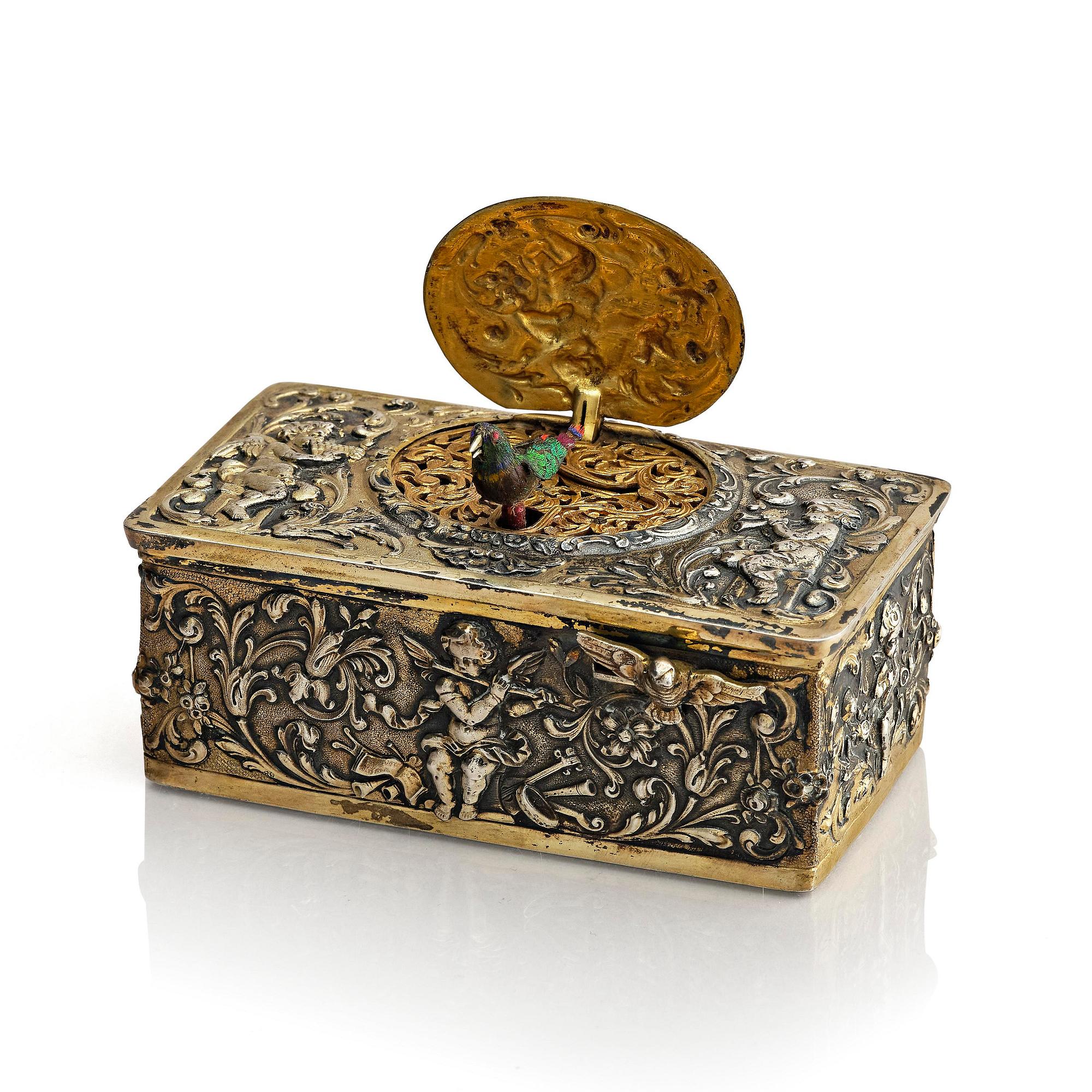 Music box. gilded 800 silver. Germany, late 19th/early 20th century.