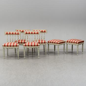 A set of four chairs and two stools, late gustavian, early 19th century.