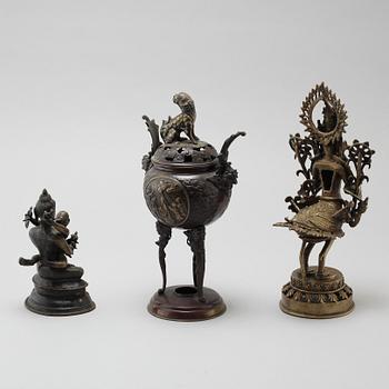 Two figures of deities and a bronze censer with cover, 20th Century.