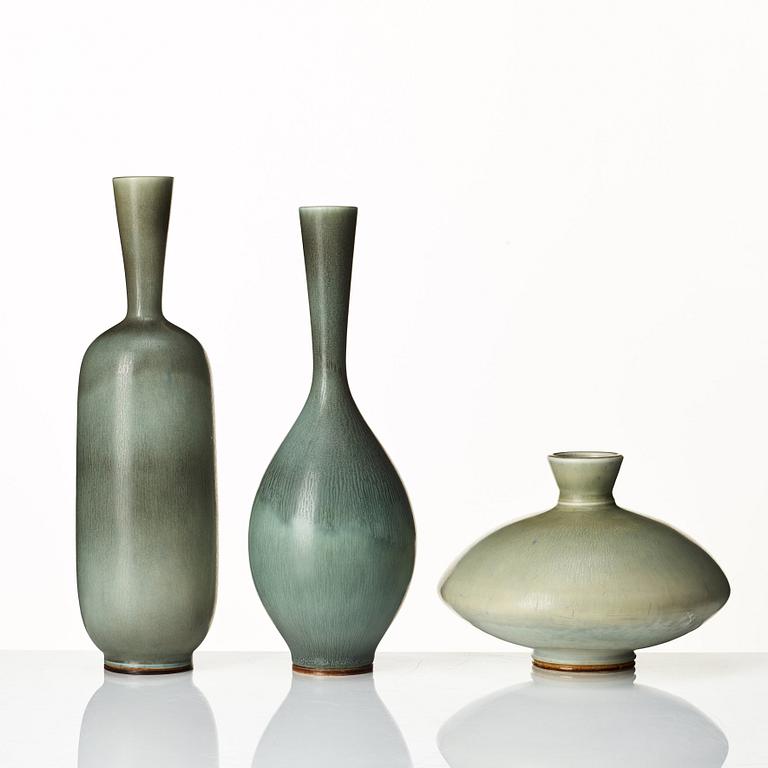 Berndt Friberg, three stoneware vases, Gustavsberg studio, Sweden 1964, 1965 and 1974.