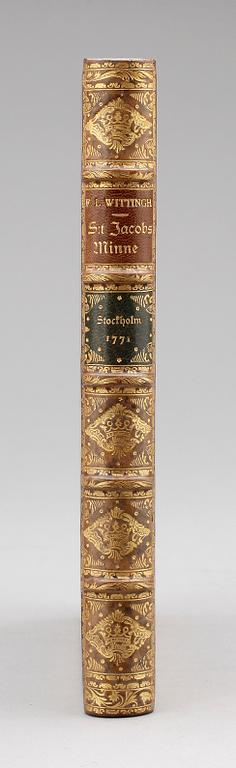 BOK, "St Jacobs Minne eller historisk Berättelse om St Jacobs och Johannis församling" av Fred Wittingh, Stockholm 1771.