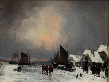 English school, 19th century, Figures on frozen canal.