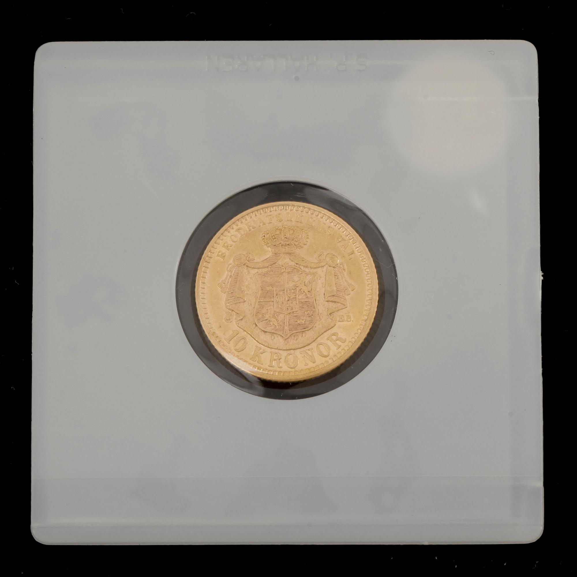 GULDMYNT, 10 Kronor, Oscar II, Sverige-Norge 1877. Vikt ca 4 gram.