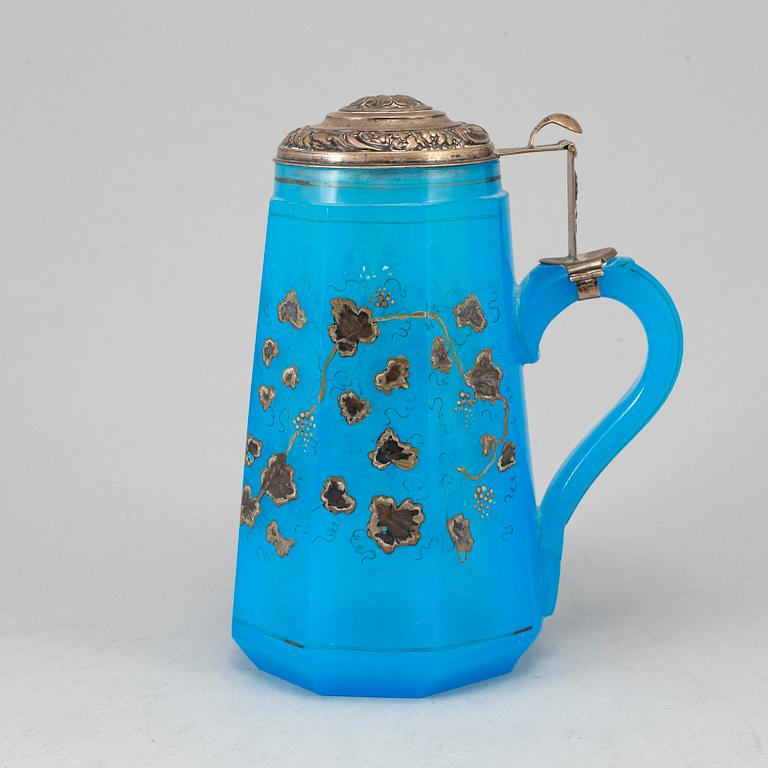 A Russian turkoise glass jug, 19th Century. Pewter mount with German unidentified marks.