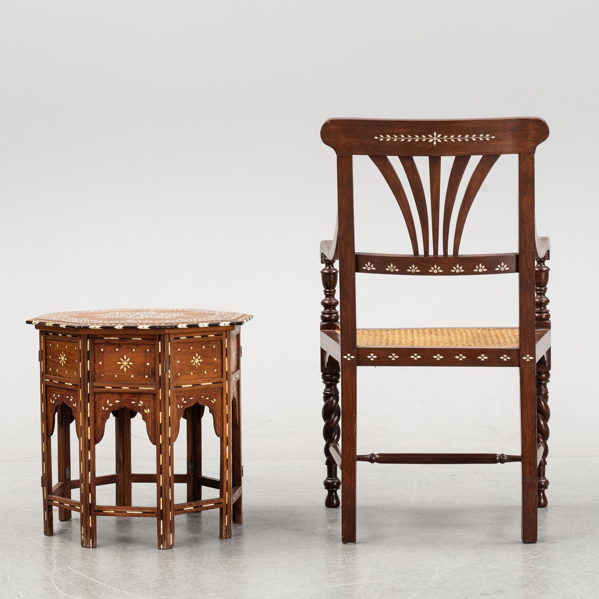 A Middle-Eastern occasional table and armchair, 20th Century.