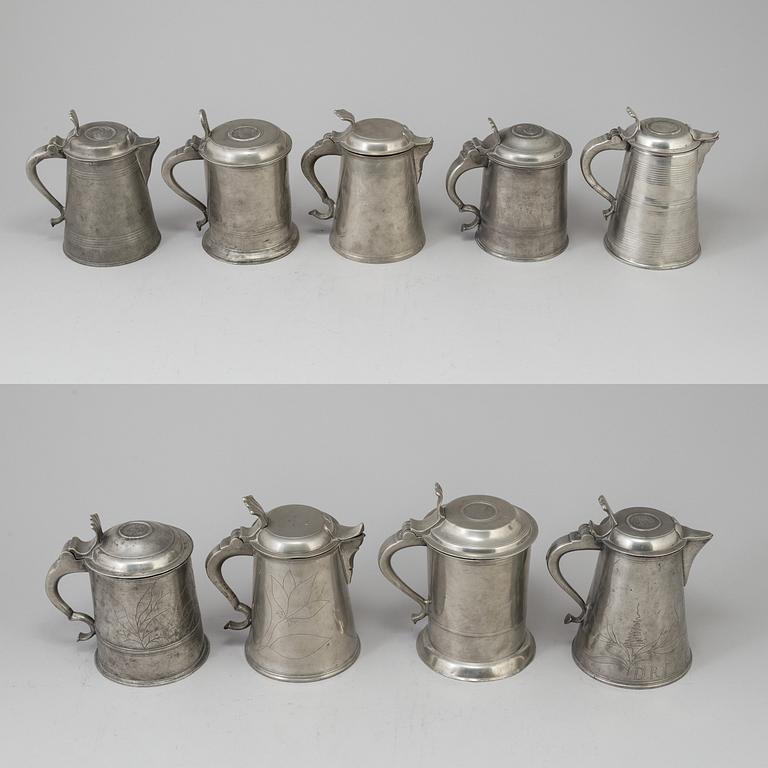 A Swedish pewter lidded porridge bowl , mark of Gustaf Silow (1848-75) and nine 19th century pewter tankards.