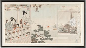 OKÄND KONSTNÄR, träsnitt, triptyk, Japan, omkring 1900.