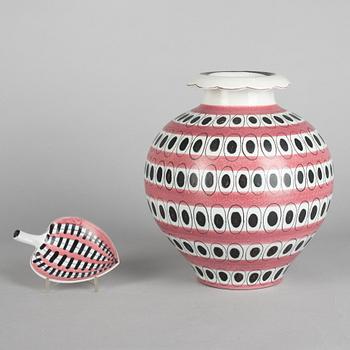 Stig Lindberg, a faience vase and a dish, Gustavsbergs studio 1940-50s.