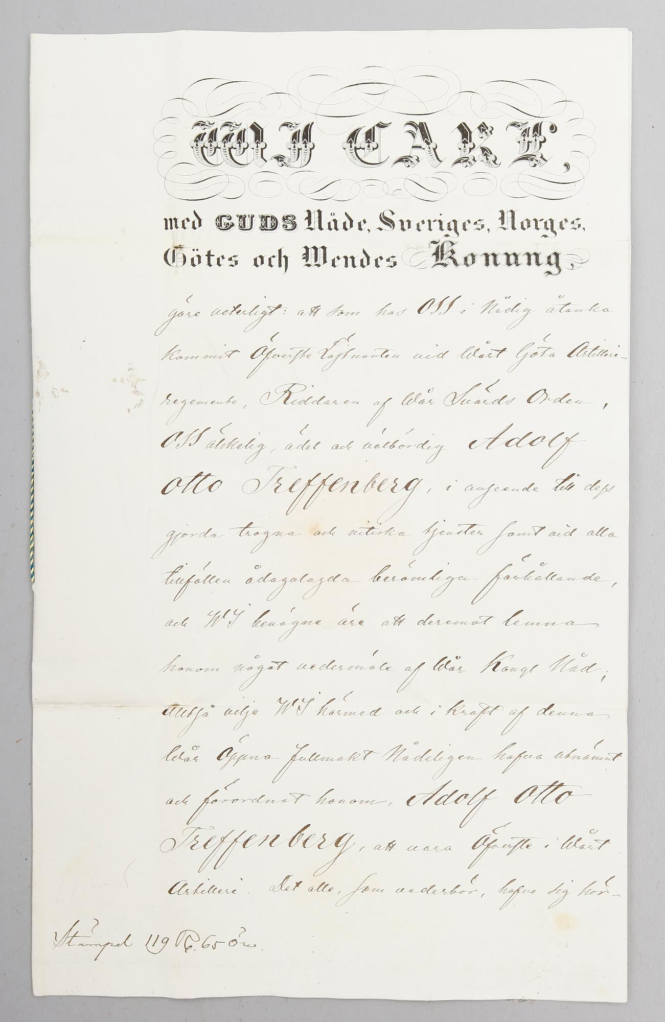 SAMLING MILITÄRA DOKUMENT, bla 3 med Carl XV signatur, 2 med Carl XIV Johans signatur och 3 med Gustaf V signatur.