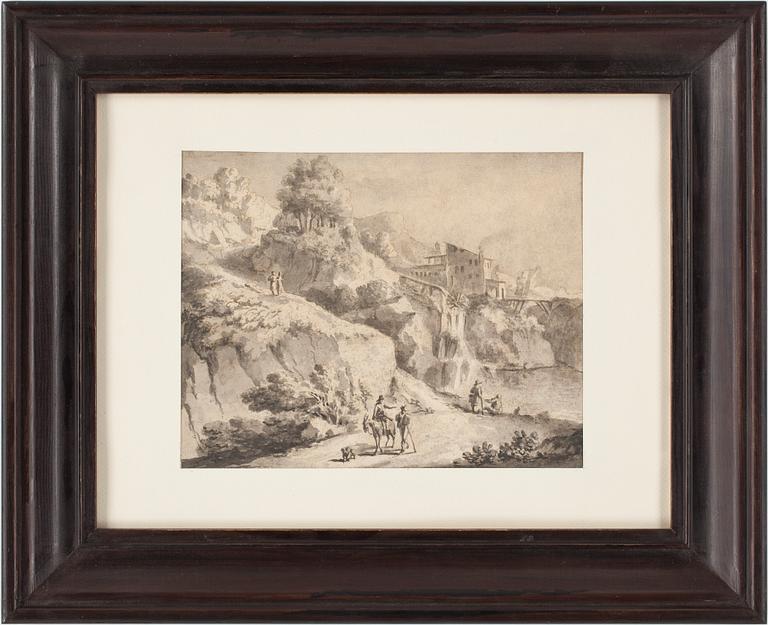 Cornelis Visscher Attributed to, An Italian landscape with travellers on  path.