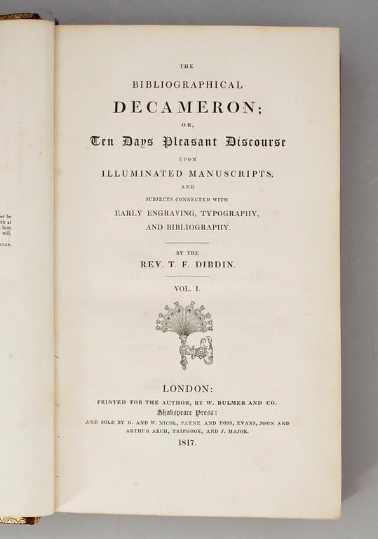 BOK, 3 vol, "The Bibliographical Decameron or Ten Days Pleasant Discourse" av Thomas Frognall Dibbin, London 1817.
