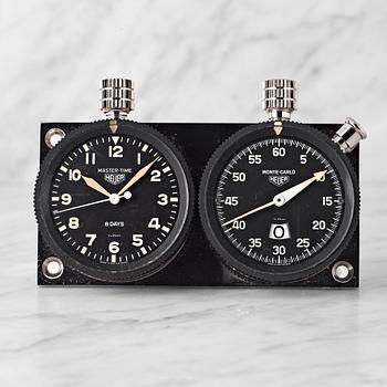 115. HEUER, Master-Time 8-Days and Monte-Carlo stop watch, dash-mounted timepieces.