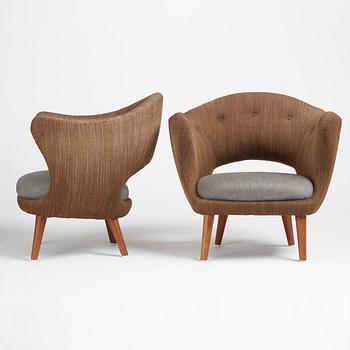 Finn Juhl, a rare pair of teak and upholstered Easy Chairs, executed by Søren Willadsen, Møbelfabrik Denmark ca 1950.