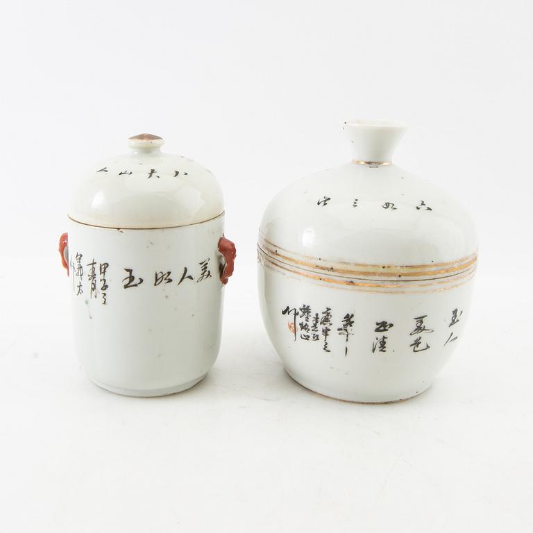Vases, 2 pcs, and a box with a lid, 2 pcs, China, 20th century.