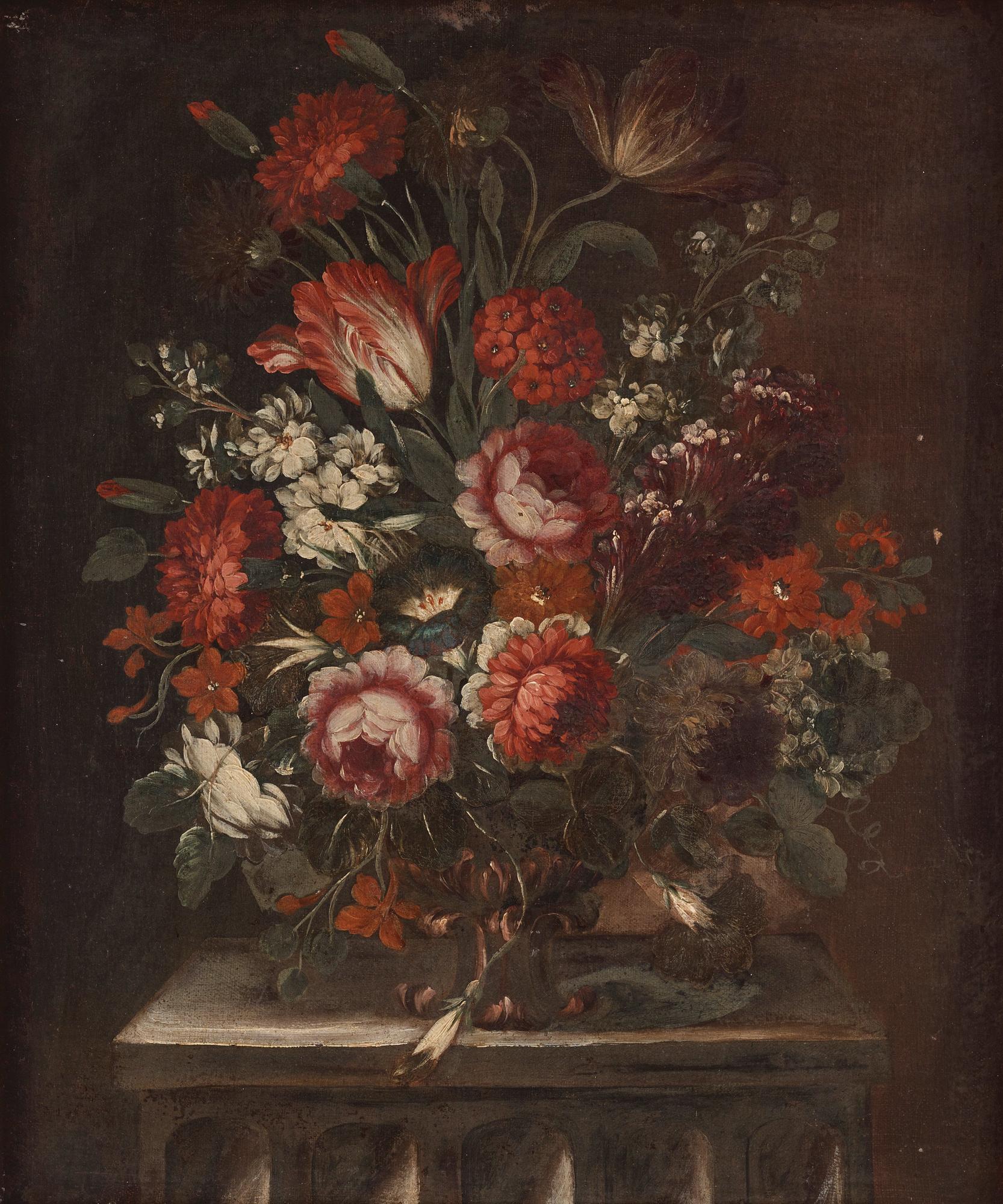 Abraham Mignon Hans krets, Blomsterstilleben på postament.