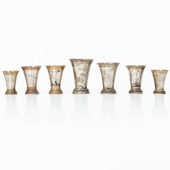 Bägare, 7 st, silver, KG Markströms, Uppsala 1912-1926.