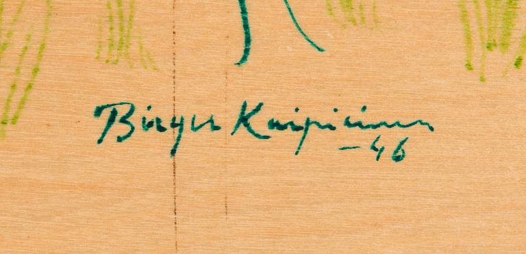 Birger Kaipiainen, teckning, grön tusch på plywood, signerad och daterad -46.