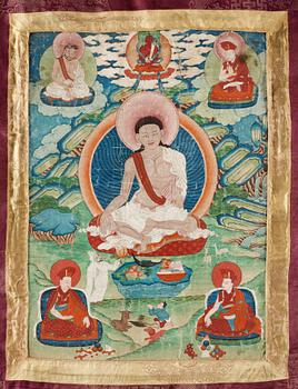 THANGKA, Tibet omkring 1900. Porträtt avbildande Milarepa.