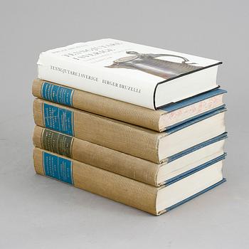 PARTI TENNLITTERATUR, 5 band, bl.a.4 band "Stockholms kanngjutareskrå 1720-1850"av Albert Löfgren, 1933, Stockholm.