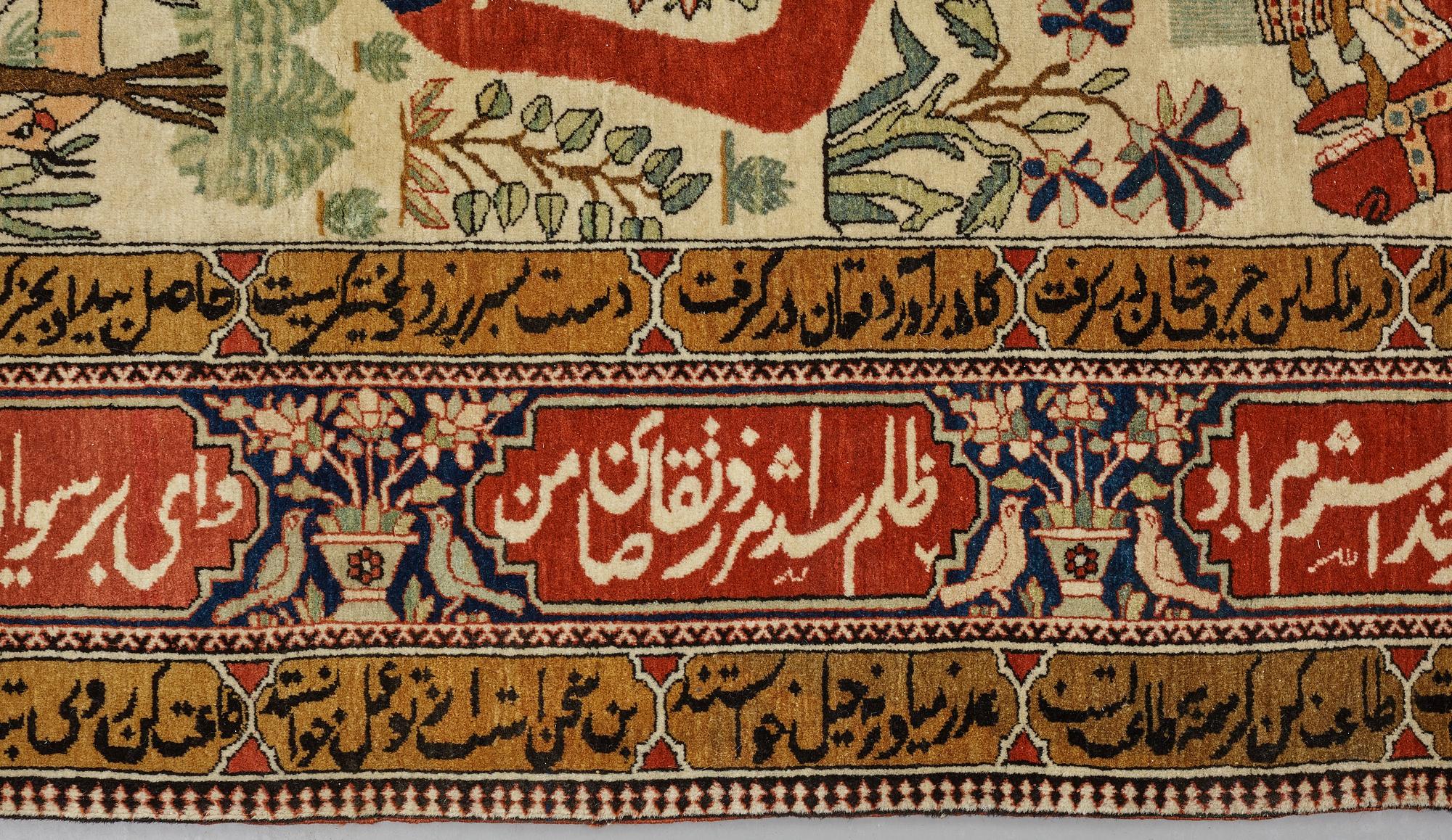 A RUG, a semi-antique Kashan figural, possibly Motachem, ca 202 x 140 cm.