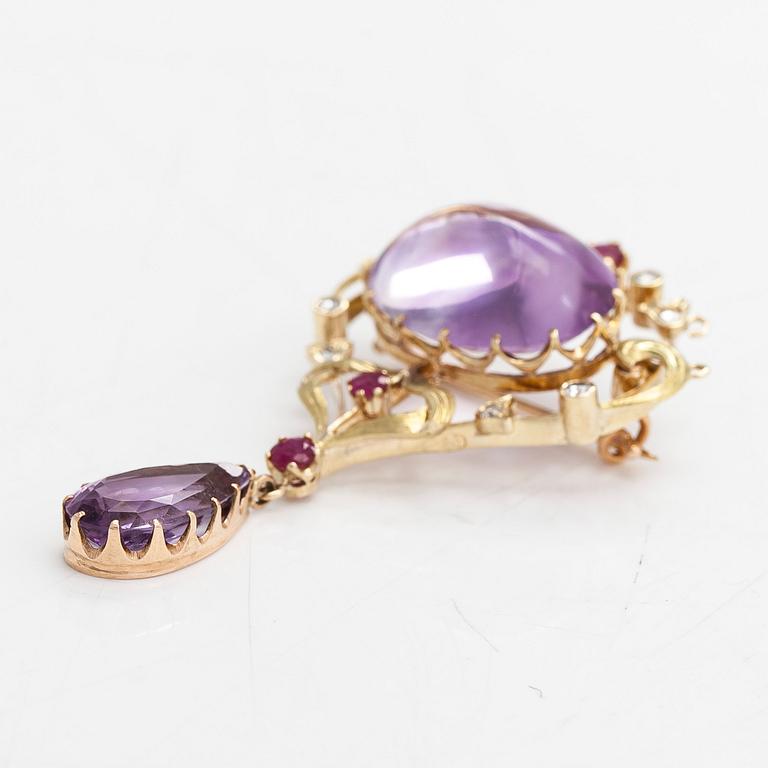 Brooch, ca 14K gold, amethysts, rubies, old- and rose-cut diamonds, Russia.