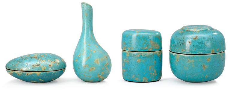 A Hans Hedberg faience bowl with cover, a vase and two boxes, Biot, France.