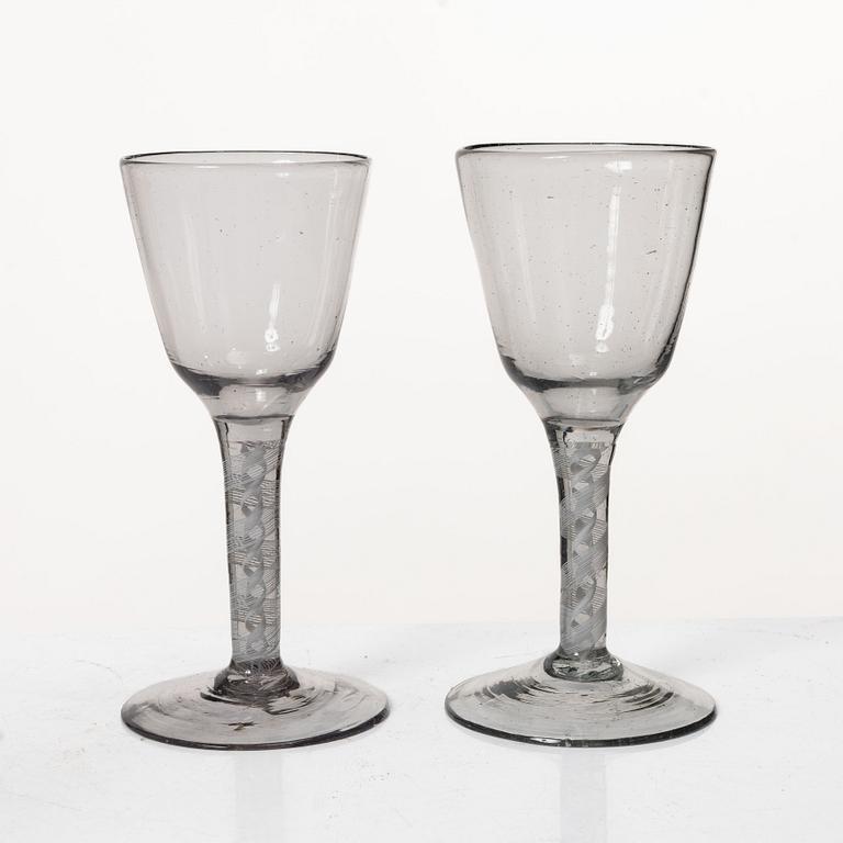 Three spiral-stemmed glasses, 18th Century.